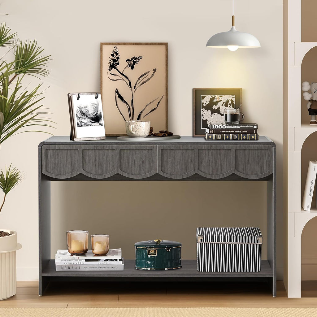 Console Table with Drawers, Mid-Century 47 Inches Narrow Entryway Table with Open Storage Shelves, Hallway Accent Table Behind Couch Table for Living Room - Walnut - Grand Goldman