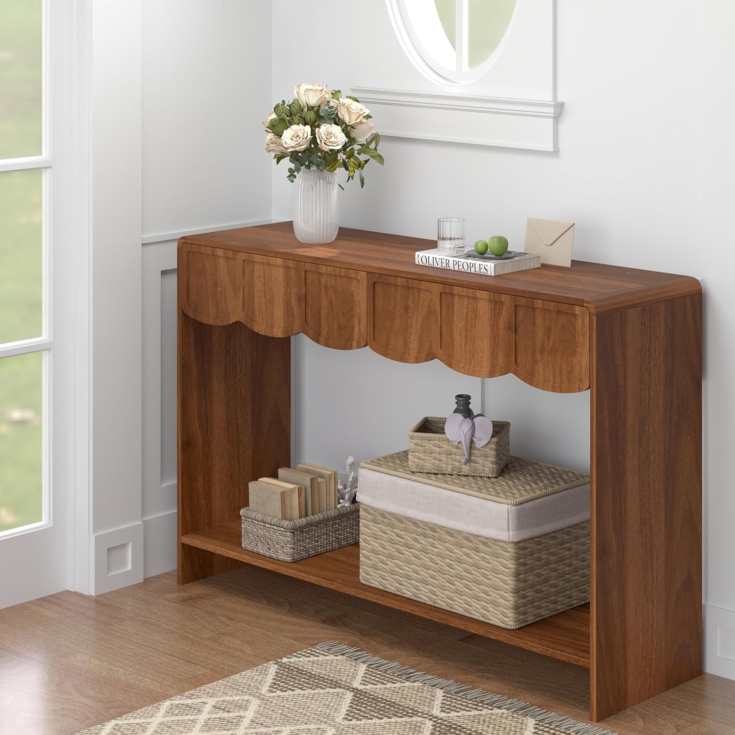 Console Table with Drawers, Mid-Century 47 Inches Narrow Entryway Table with Open Storage Shelves, Hallway Accent Table Behind Couch Table for Living Room - Walnut - Grand Goldman