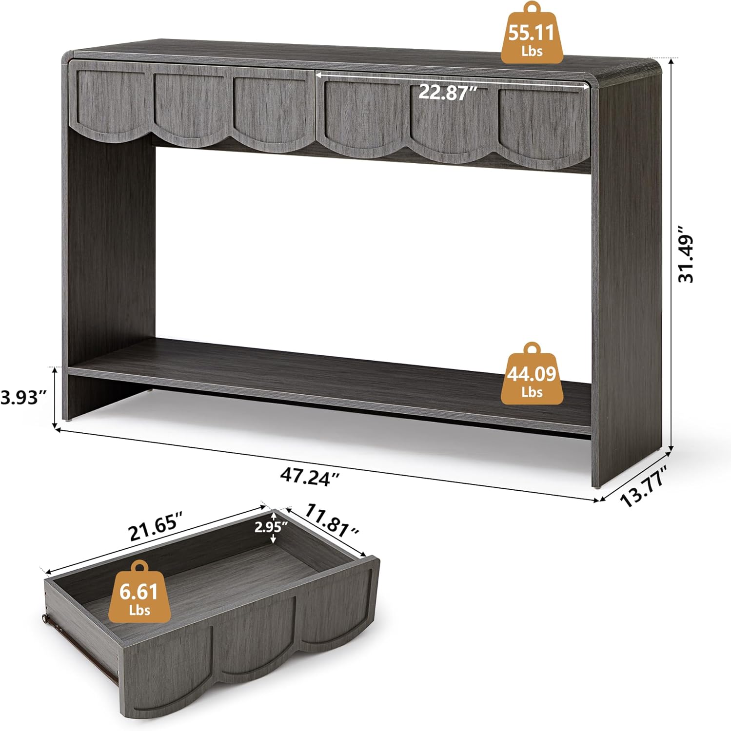 Console Table with Drawers, Mid-Century 47 Inches Narrow Entryway Table with Open Storage Shelves, Hallway Accent Table Behind Couch Table for Living Room - Walnut - Grand Goldman