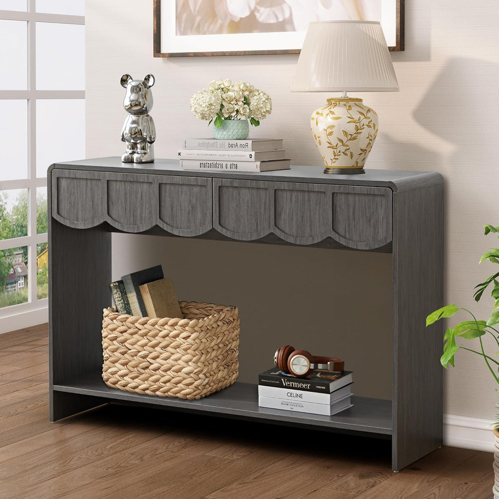 Console Table with Drawers, Mid-Century 47 Inches Narrow Entryway Table with Open Storage Shelves, Hallway Accent Table Behind Couch Table for Living Room - Walnut - Grand Goldman