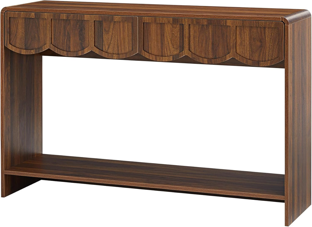 Console Table with Drawers, Mid-Century 47 Inches Narrow Entryway Table with Open Storage Shelves, Hallway Accent Table Behind Couch Table for Living Room - Walnut - Grand Goldman