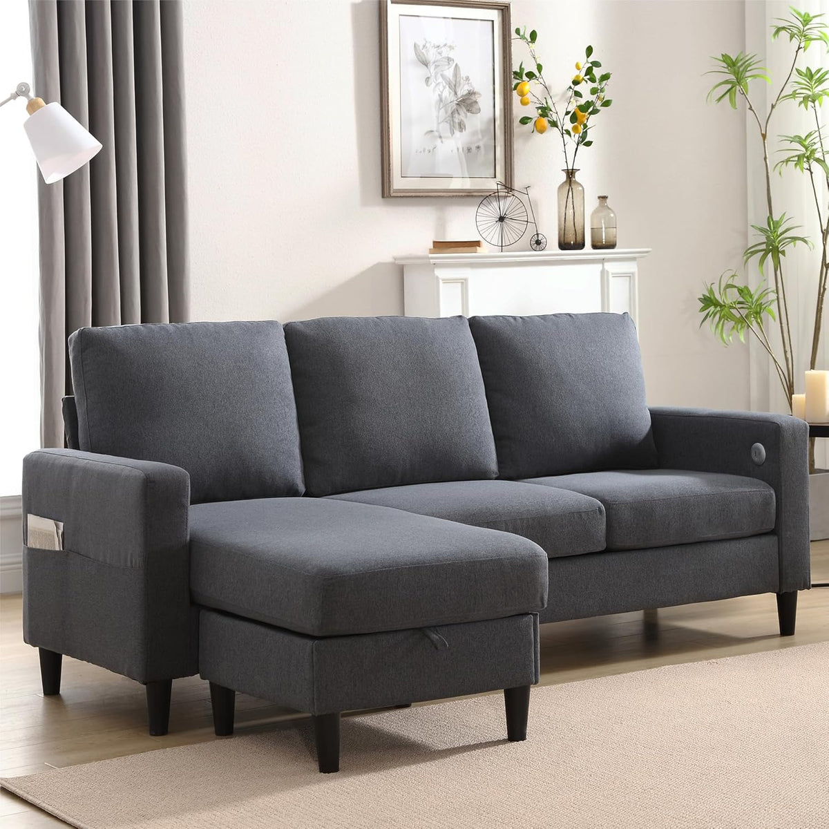 Convertible Sectional Couches for Living Room, L-Shaped Couch 3 Seats Sofas with Storage Chaise & 2 Cup Holders, Small Sofa for Apartment, Compact Spaces, Dark Grey - Grand Goldman