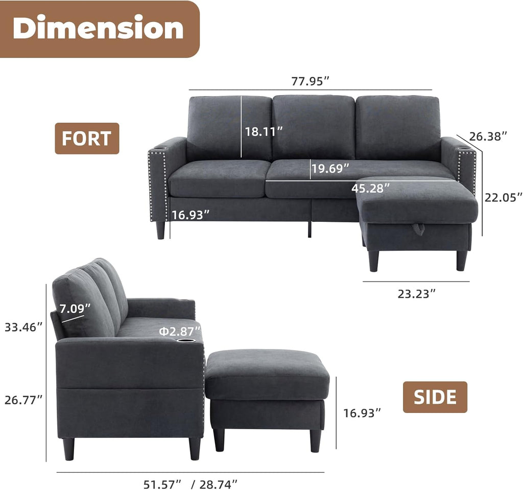 Convertible Sectional Couches for Living Room, L-Shaped Couch 3 Seats Sofas with Storage Chaise & 2 Cup Holders, Small Sofa for Apartment, Compact Spaces, Dark Grey - Grand Goldman