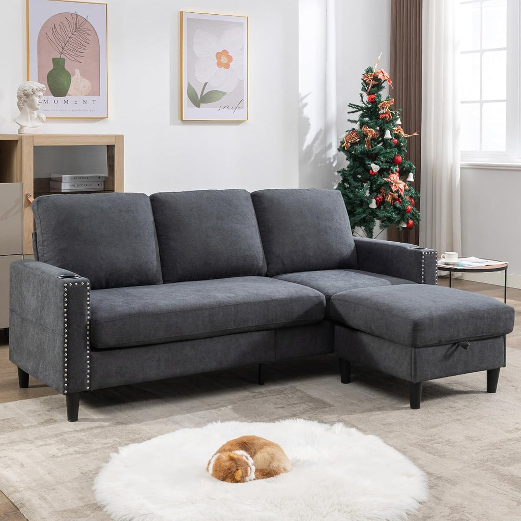 Convertible Sectional Couches for Living Room, L-Shaped Couch 3 Seats Sofas with Storage Chaise & 2 Cup Holders, Small Sofa for Apartment, Compact Spaces, Dark Grey - Grand Goldman