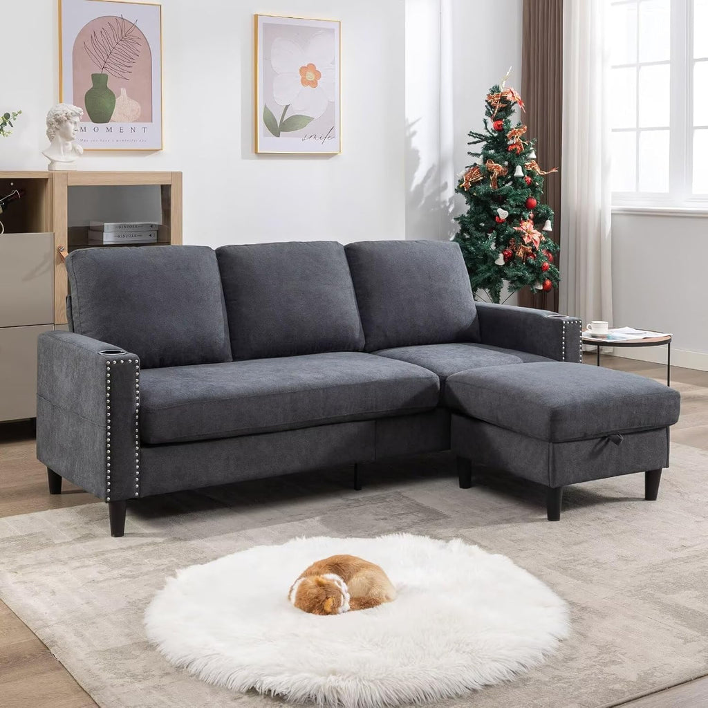 Convertible Sectional Couches for Living Room, L-Shaped Couch 3 Seats Sofas with Storage Chaise & 2 Cup Holders, Small Sofa for Apartment, Compact Spaces, Dark Grey - Grand Goldman
