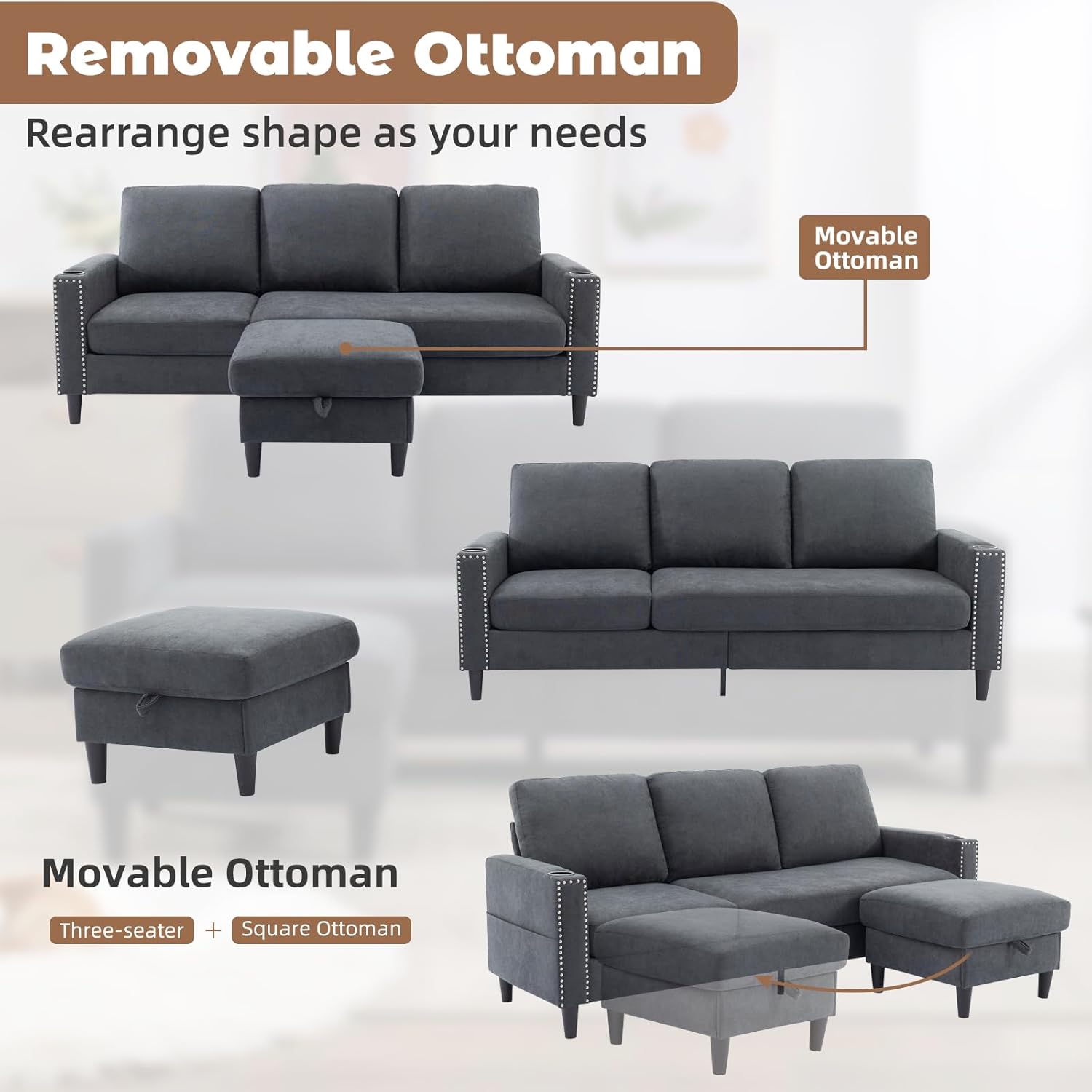 Convertible Sectional Couches for Living Room, L-Shaped Couch 3 Seats Sofas with Storage Chaise & 2 Cup Holders, Small Sofa for Apartment, Compact Spaces, Dark Grey - Grand Goldman