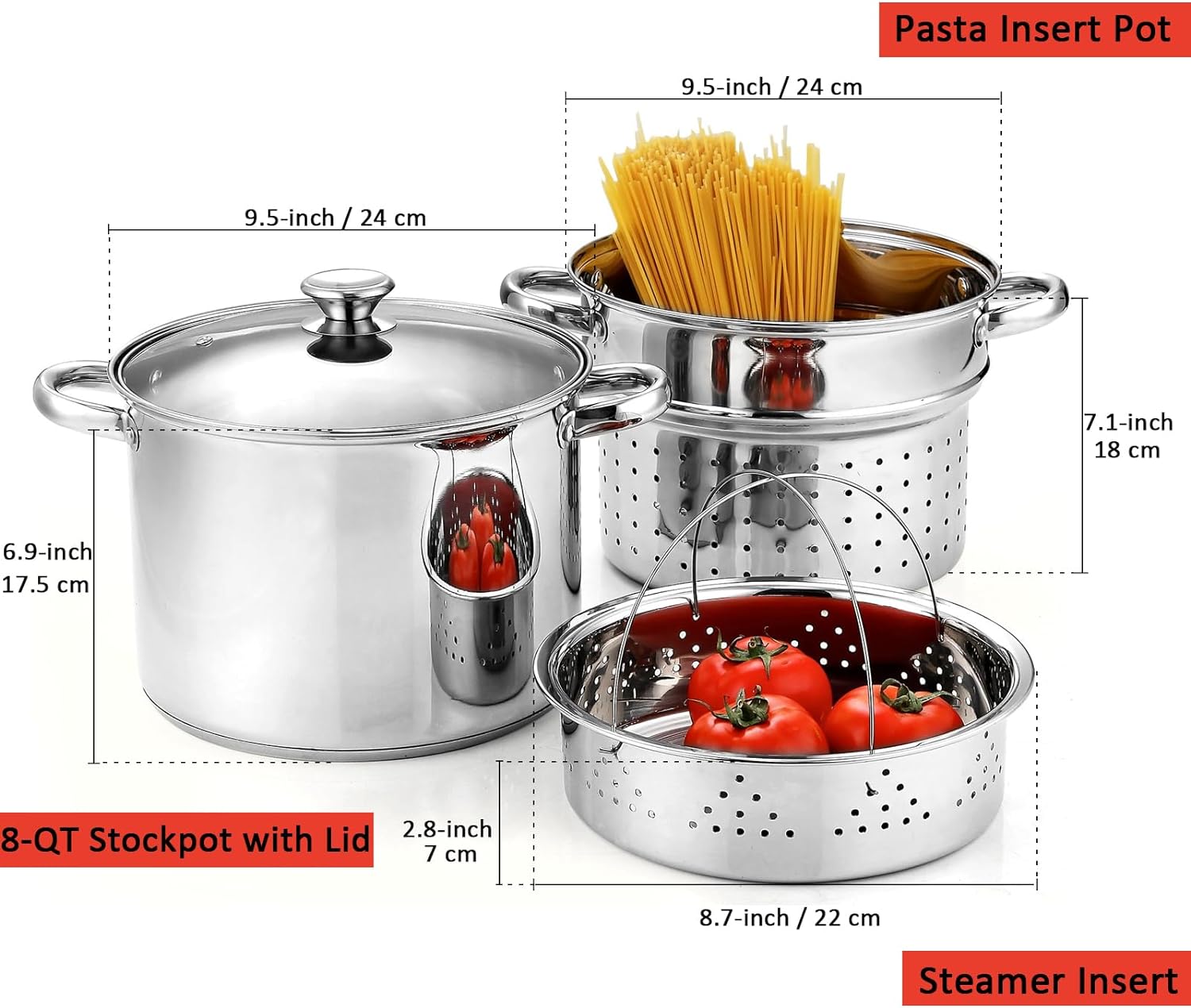 Cook N Home 4-Piece 8 Quart Multipots, Stainless Steel Pasta Cooker Steamer - Grand Goldman