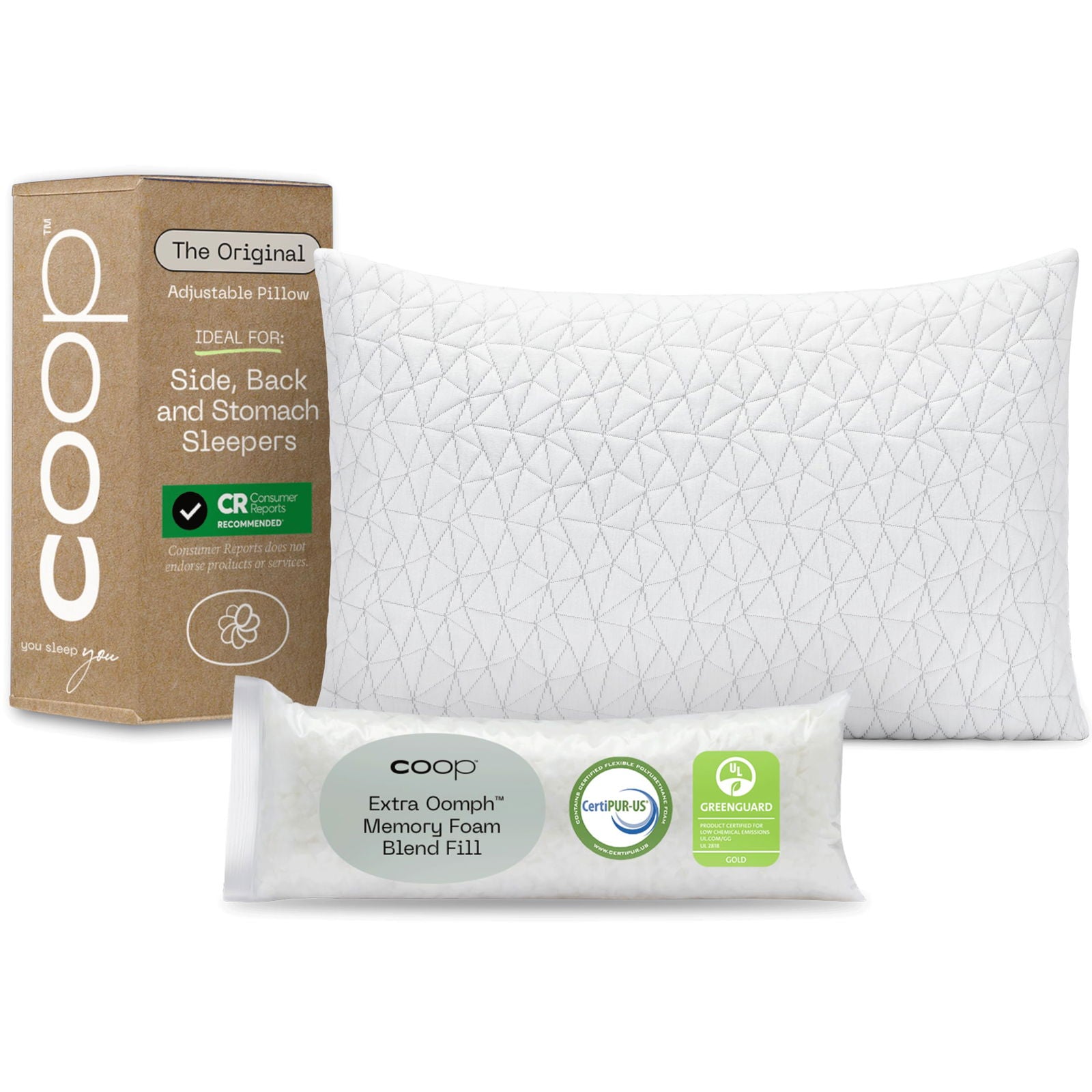 Coop Home Goods Original Adjustable Pillow, Queen Size Bed Pillows for Sleeping, Cross Cut Memory Foam Pillows - Medium Firm Back, Stomach and Side Sleeper Pillow, CertiPUR-US/GREENGUARD Gold - Grand Goldman