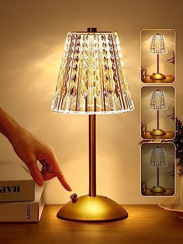 Cordless Lamp, 2000mAh Rechargeable Lamp, Dimmable+3 Colors Touch Lamp Small lamp, Battery Operated Lamp Cordless Table Lamp, Crystal Lamp&Vintage Lamp, Mini Lamp for Bedroom Bathroom Bar Kitchen Lamp - Grand Goldman