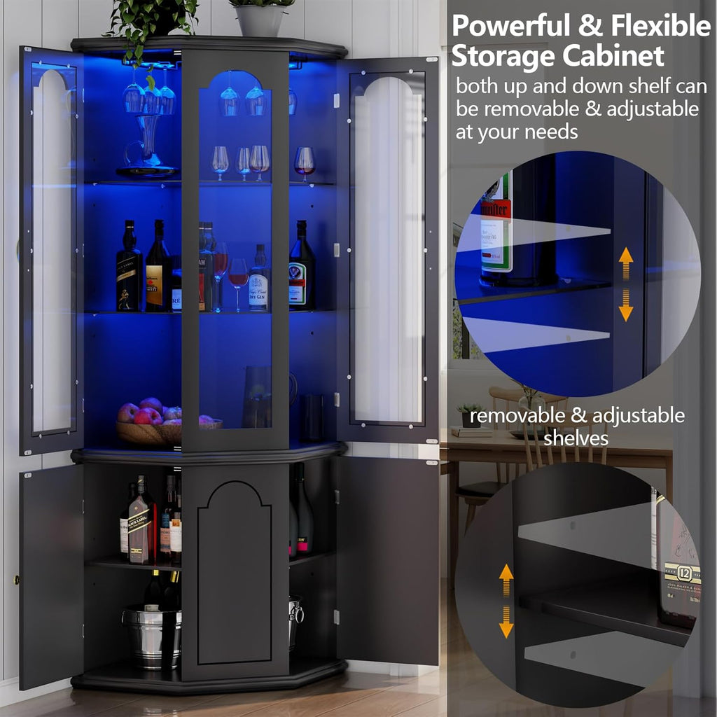 Corner Bar Cabinet w/LED Lights, Tall Modern Wine Cabinet with Tempered Glass Door & Adjustable Shelves, Home Bar Liquor Storage Cabinet with Glass Rack for Living Room, Dining Room (Black) - Grand Goldman