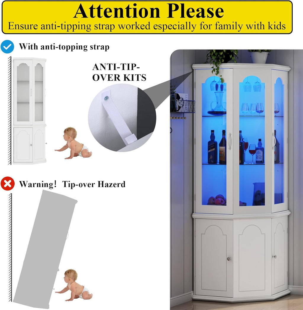 Corner Bar Cabinet w/LED Lights, Tall Modern Wine Cabinet with Tempered Glass Door & Adjustable Shelves, Home Bar Liquor Storage Cabinet with Glass Rack for Living Room, Dining Room (Black) - Grand Goldman