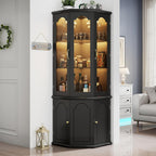Corner Bar Cabinet w/LED Lights, Tall Modern Wine Cabinet with Tempered Glass Door & Adjustable Shelves, Home Bar Liquor Storage Cabinet with Glass Rack for Living Room, Dining Room (Black) - Grand Goldman