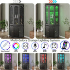 Corner Bar Cabinet w/LED Lights, Tall Modern Wine Cabinet with Tempered Glass Door & Adjustable Shelves, Home Bar Liquor Storage Cabinet with Glass Rack for Living Room, Dining Room (Black) - Grand Goldman