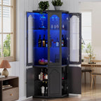 Corner Bar Cabinet w/LED Lights, Tall Modern Wine Cabinet with Tempered Glass Door & Adjustable Shelves, Home Bar Liquor Storage Cabinet with Glass Rack for Living Room, Dining Room (Black) - Grand Goldman