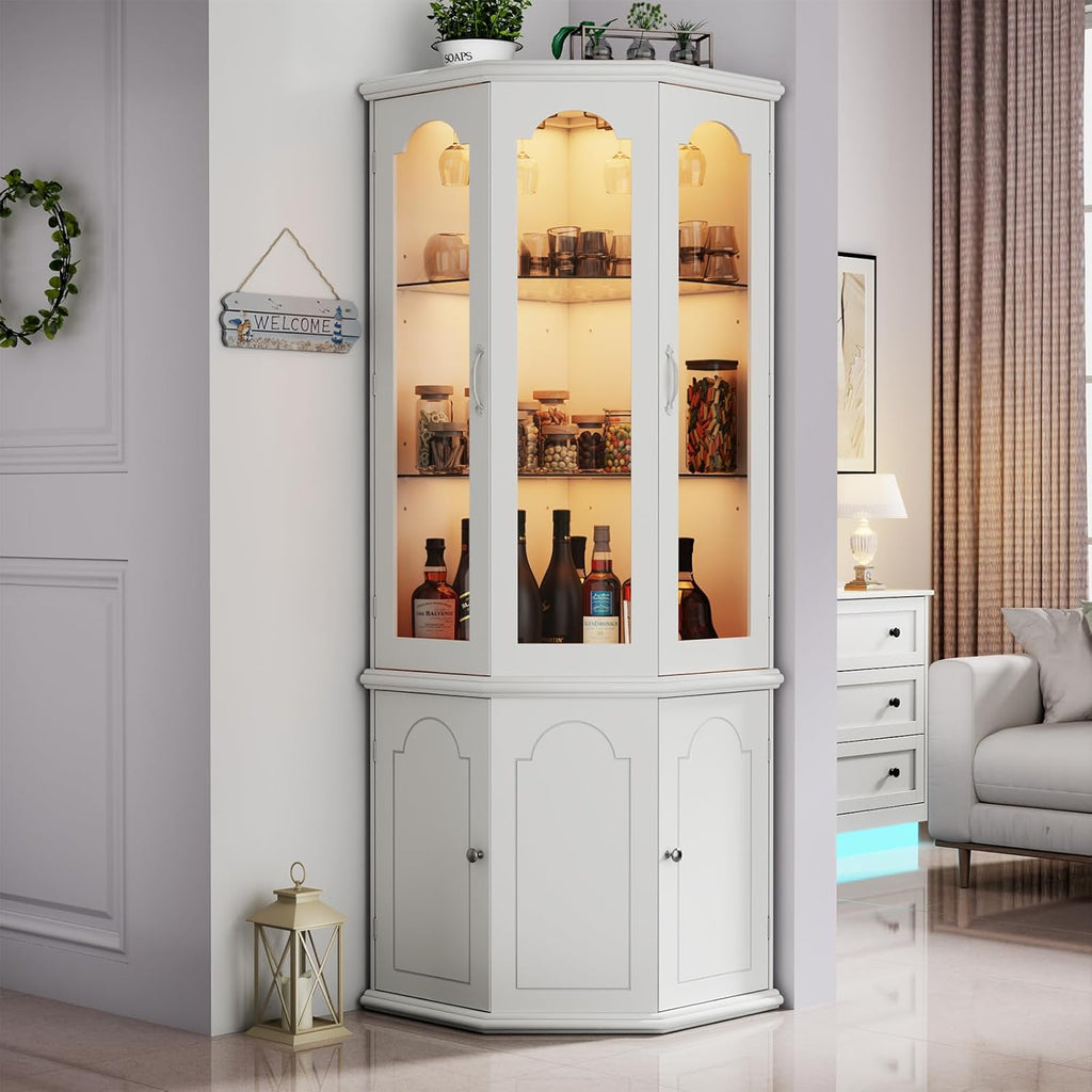 Corner Bar Cabinet w/LED Lights, Tall Modern Wine Cabinet with Tempered Glass Door & Adjustable Shelves, Home Bar Liquor Storage Cabinet with Glass Rack for Living Room, Dining Room (Black) - Grand Goldman