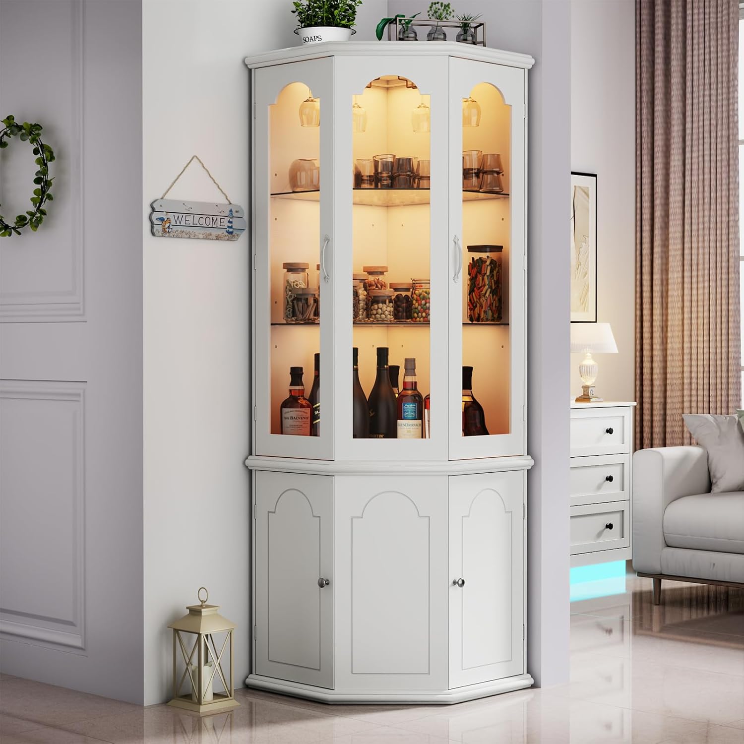 Corner Bar Cabinet w/LED Lights, Tall Modern Wine Cabinet with Tempered Glass Door & Adjustable Shelves, Home Bar Liquor Storage Cabinet with Glass Rack for Living Room, Dining Room (Black) - Grand Goldman
