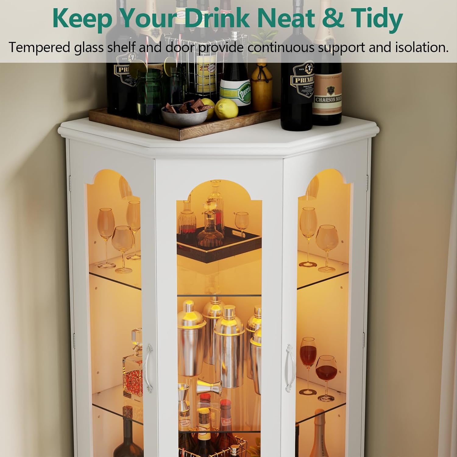 Corner Bar Cabinet w/LED Lights, Tall Modern Wine Cabinet with Tempered Glass Door & Adjustable Shelves, Home Bar Liquor Storage Cabinet with Glass Rack for Living Room, Dining Room (Black) - Grand Goldman