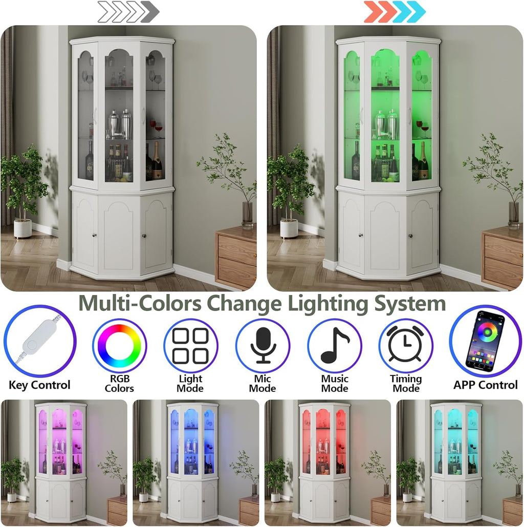 Corner Bar Cabinet w/LED Lights, Tall Modern Wine Cabinet with Tempered Glass Door & Adjustable Shelves, Home Bar Liquor Storage Cabinet with Glass Rack for Living Room, Dining Room (Black) - Grand Goldman