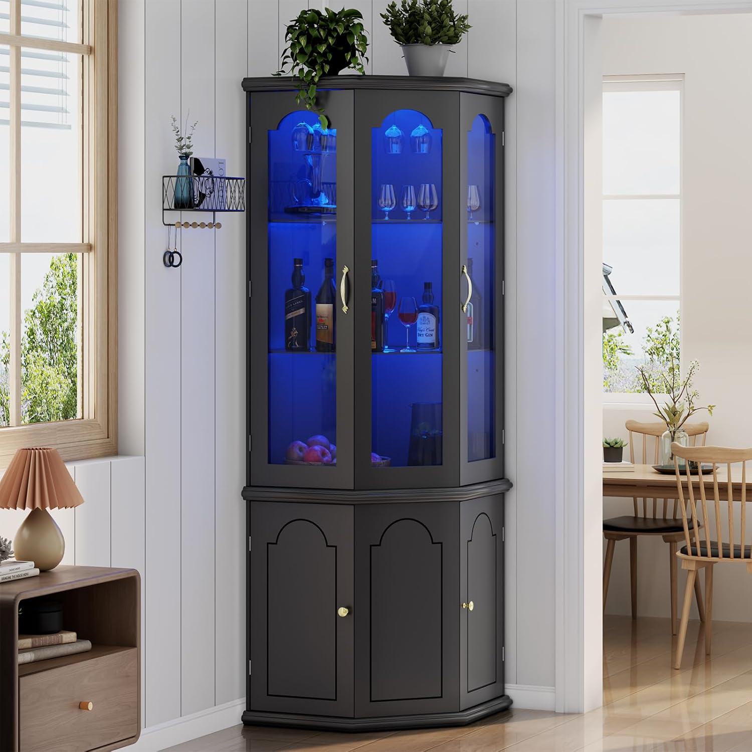 Corner Bar Cabinet w/LED Lights, Tall Modern Wine Cabinet with Tempered Glass Door & Adjustable Shelves, Home Bar Liquor Storage Cabinet with Glass Rack for Living Room, Dining Room (Black) - Grand Goldman