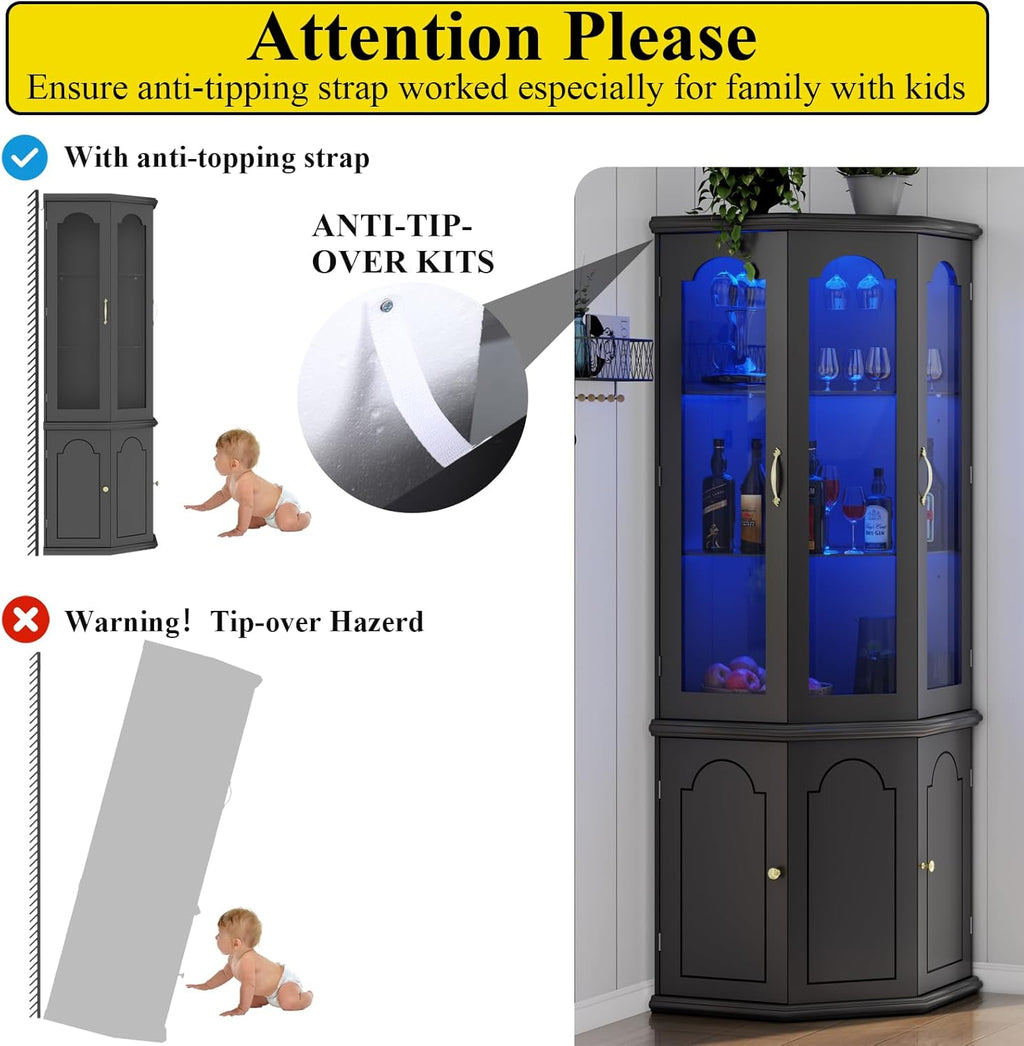 Corner Bar Cabinet w/LED Lights, Tall Modern Wine Cabinet with Tempered Glass Door & Adjustable Shelves, Home Bar Liquor Storage Cabinet with Glass Rack for Living Room, Dining Room (Black) - Grand Goldman