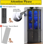 Corner Bar Cabinet w/LED Lights, Tall Modern Wine Cabinet with Tempered Glass Door & Adjustable Shelves, Home Bar Liquor Storage Cabinet with Glass Rack for Living Room, Dining Room (Black) - Grand Goldman