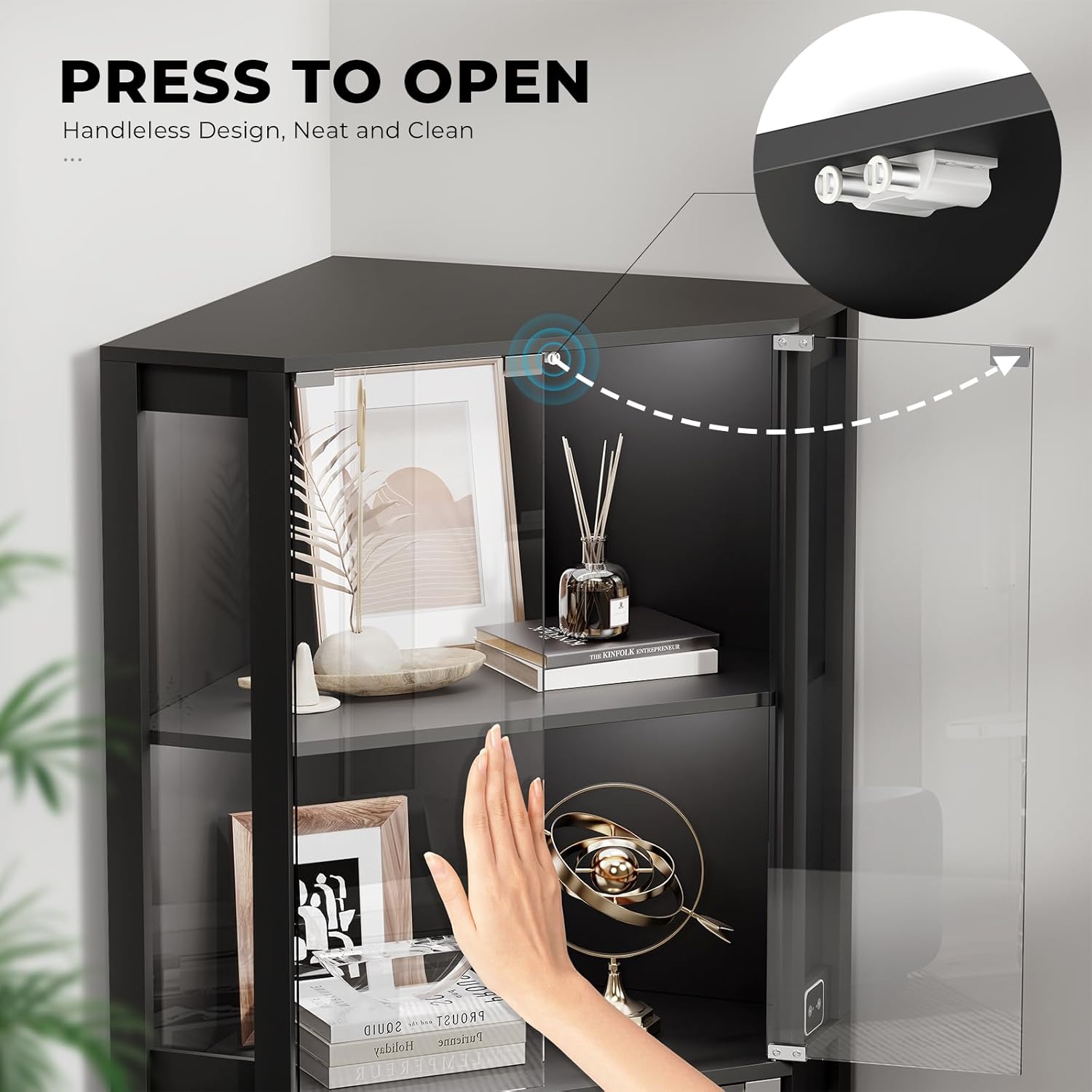 Corner Display Cabinet with Glass Doors, 65" Lighted Curio Cabinet with 3 Color Lights for Collectibles, 4-Tier Display Case with Human Body Sensor for Toys, Books, Black - Grand Goldman