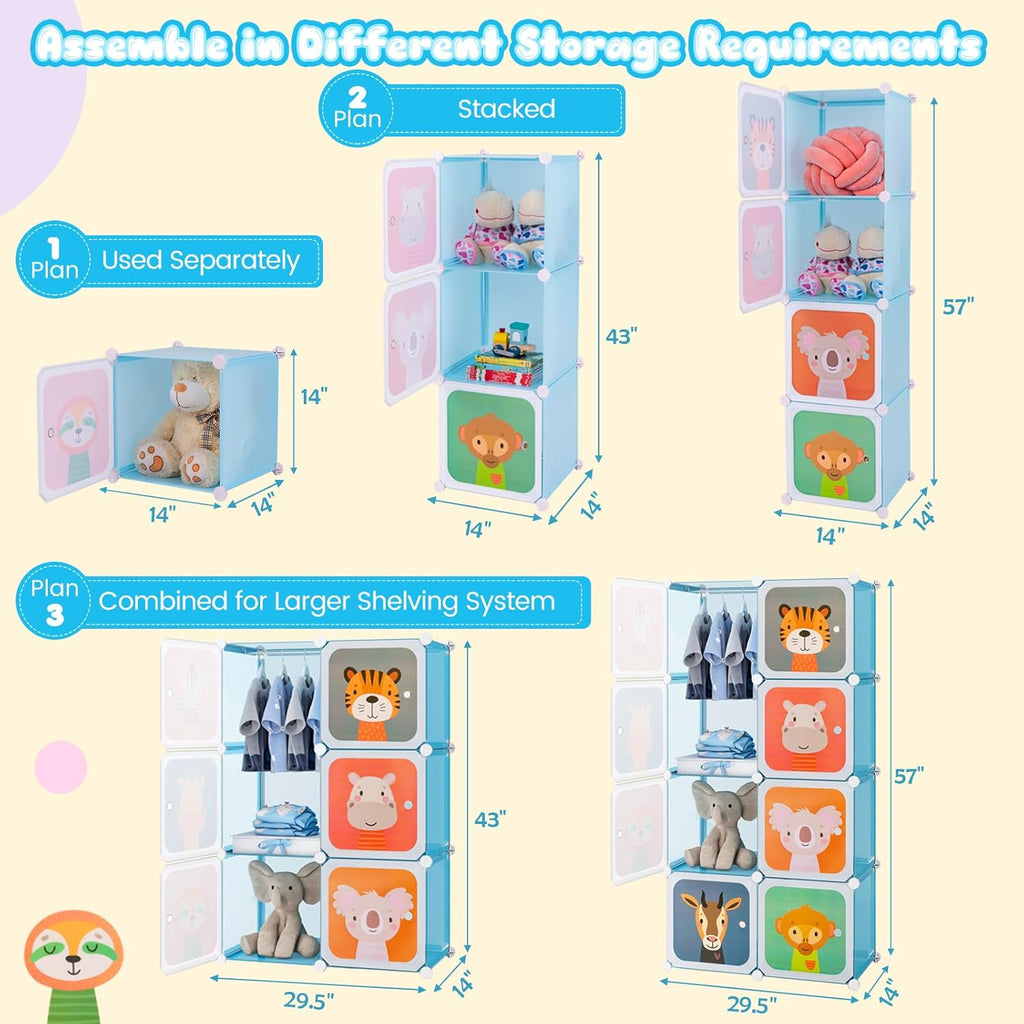 Costzon Kids Closet, Cartoon DIY Modular Dresser Storage Organizer with 12 Cubes & 2 Clothes Hanging Rack, Portable Armoire for Baby Toddlers, Kids Wardrobe for Bedroom Nursery (Blue) - Grand Goldman