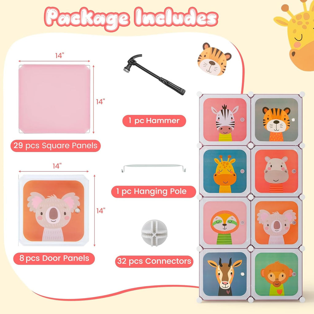 Costzon Kids Closet, Cartoon DIY Modular Dresser Storage Organizer with 12 Cubes & 2 Clothes Hanging Rack, Portable Armoire for Baby Toddlers, Kids Wardrobe for Bedroom Nursery (Blue) - Grand Goldman