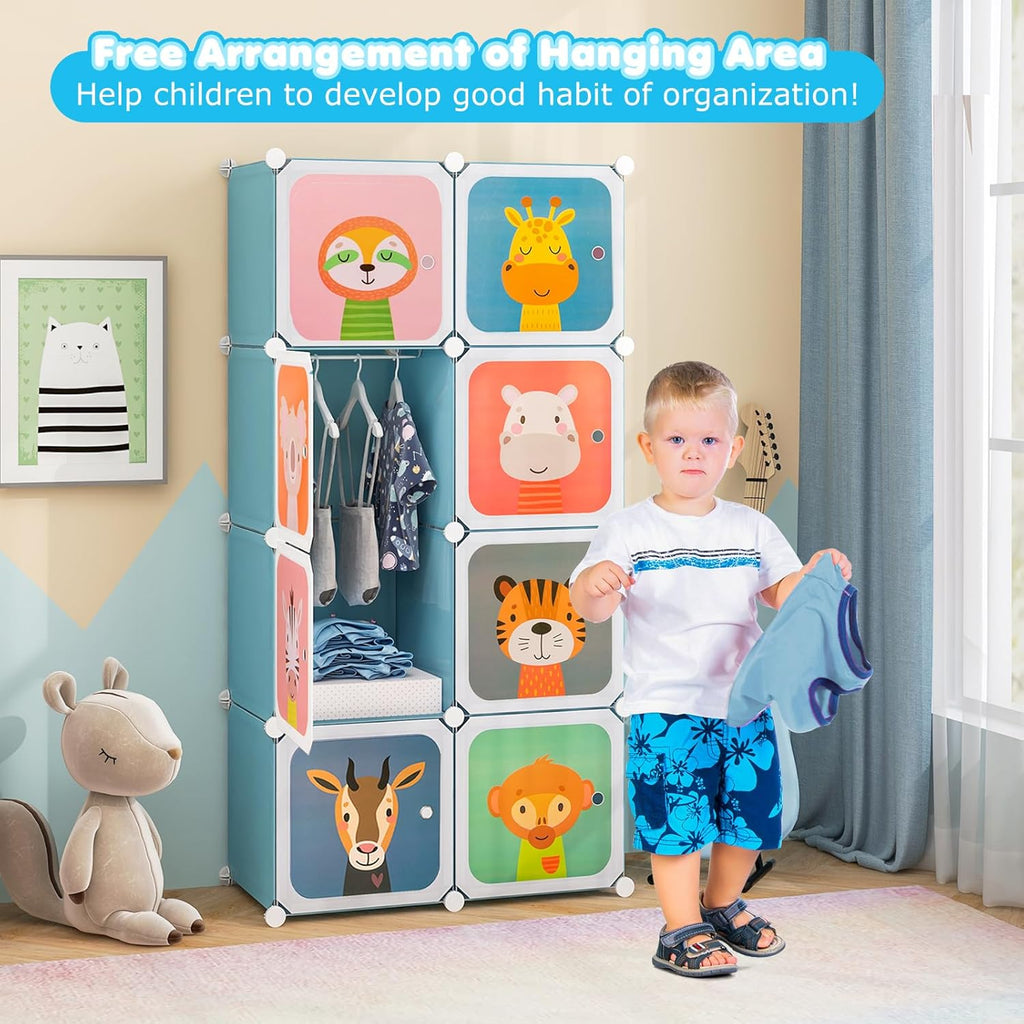 Costzon Kids Closet, Cartoon DIY Modular Dresser Storage Organizer with 12 Cubes & 2 Clothes Hanging Rack, Portable Armoire for Baby Toddlers, Kids Wardrobe for Bedroom Nursery (Blue) - Grand Goldman