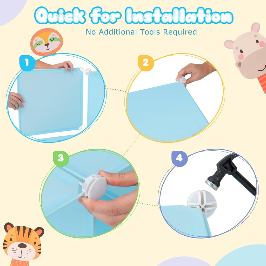 Costzon Kids Closet, Cartoon DIY Modular Dresser Storage Organizer with 12 Cubes & 2 Clothes Hanging Rack, Portable Armoire for Baby Toddlers, Kids Wardrobe for Bedroom Nursery (Blue) - Grand Goldman