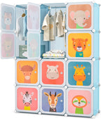 Costzon Kids Closet, Cartoon DIY Modular Dresser Storage Organizer with 12 Cubes & 2 Clothes Hanging Rack, Portable Armoire for Baby Toddlers, Kids Wardrobe for Bedroom Nursery (Blue) - Grand Goldman