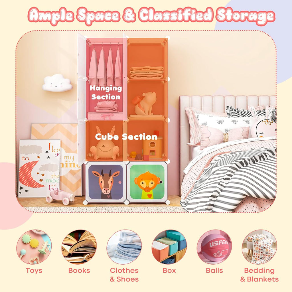 Costzon Kids Closet, Cartoon DIY Modular Dresser Storage Organizer with 12 Cubes & 2 Clothes Hanging Rack, Portable Armoire for Baby Toddlers, Kids Wardrobe for Bedroom Nursery (Blue) - Grand Goldman