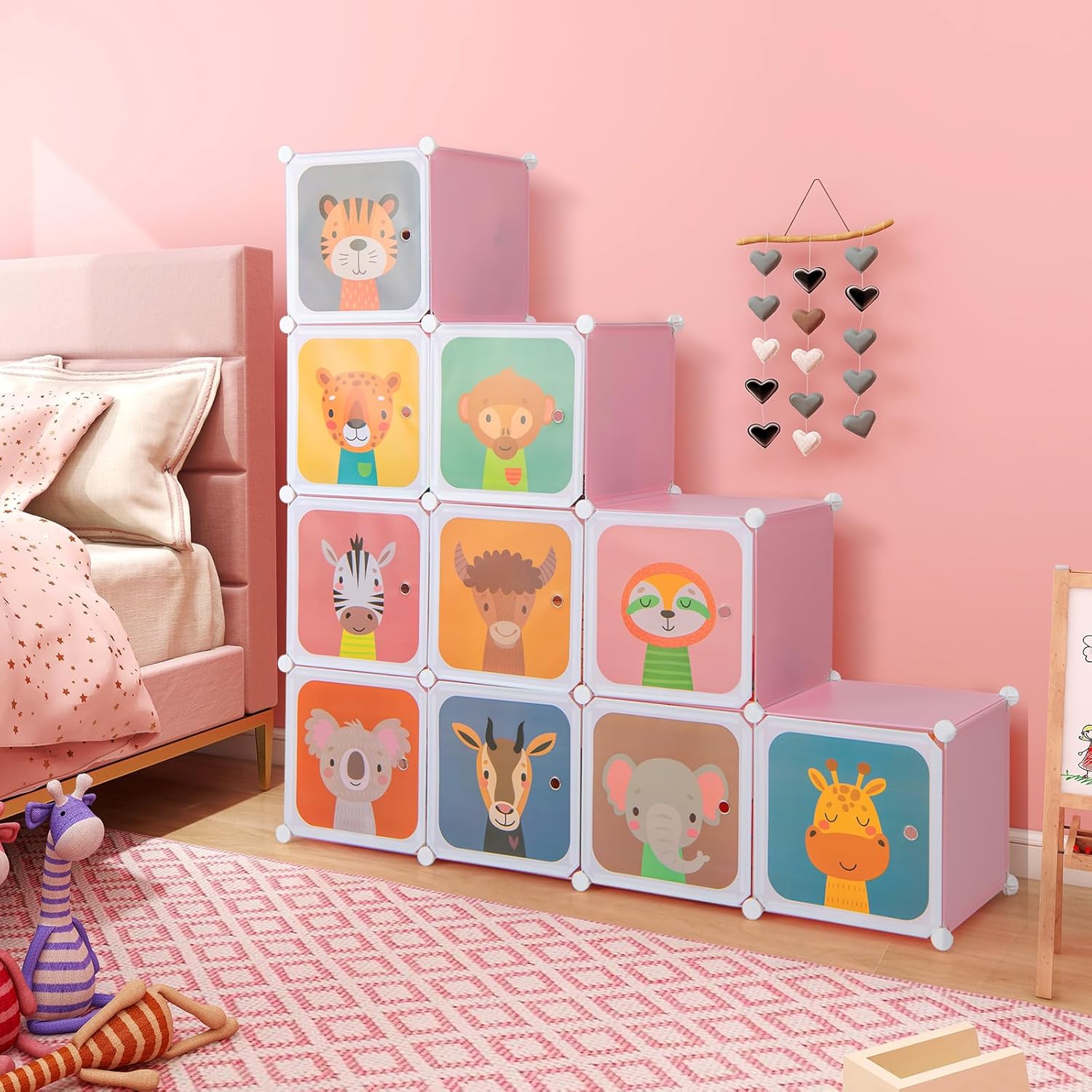 Costzon Kids Closet, Cartoon DIY Modular Dresser Storage Organizer with 12 Cubes & 2 Clothes Hanging Rack, Portable Armoire for Baby Toddlers, Kids Wardrobe for Bedroom Nursery (Blue) - Grand Goldman