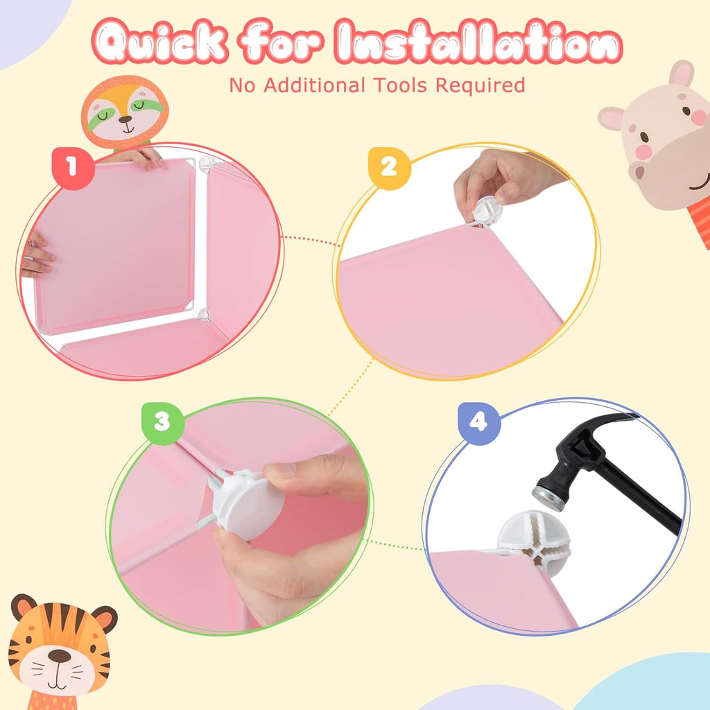 Costzon Kids Closet, Cartoon DIY Modular Dresser Storage Organizer with 12 Cubes & 2 Clothes Hanging Rack, Portable Armoire for Baby Toddlers, Kids Wardrobe for Bedroom Nursery (Blue) - Grand Goldman