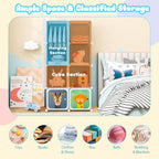 Costzon Kids Closet, Cartoon DIY Modular Dresser Storage Organizer with 12 Cubes & 2 Clothes Hanging Rack, Portable Armoire for Baby Toddlers, Kids Wardrobe for Bedroom Nursery (Blue) - Grand Goldman