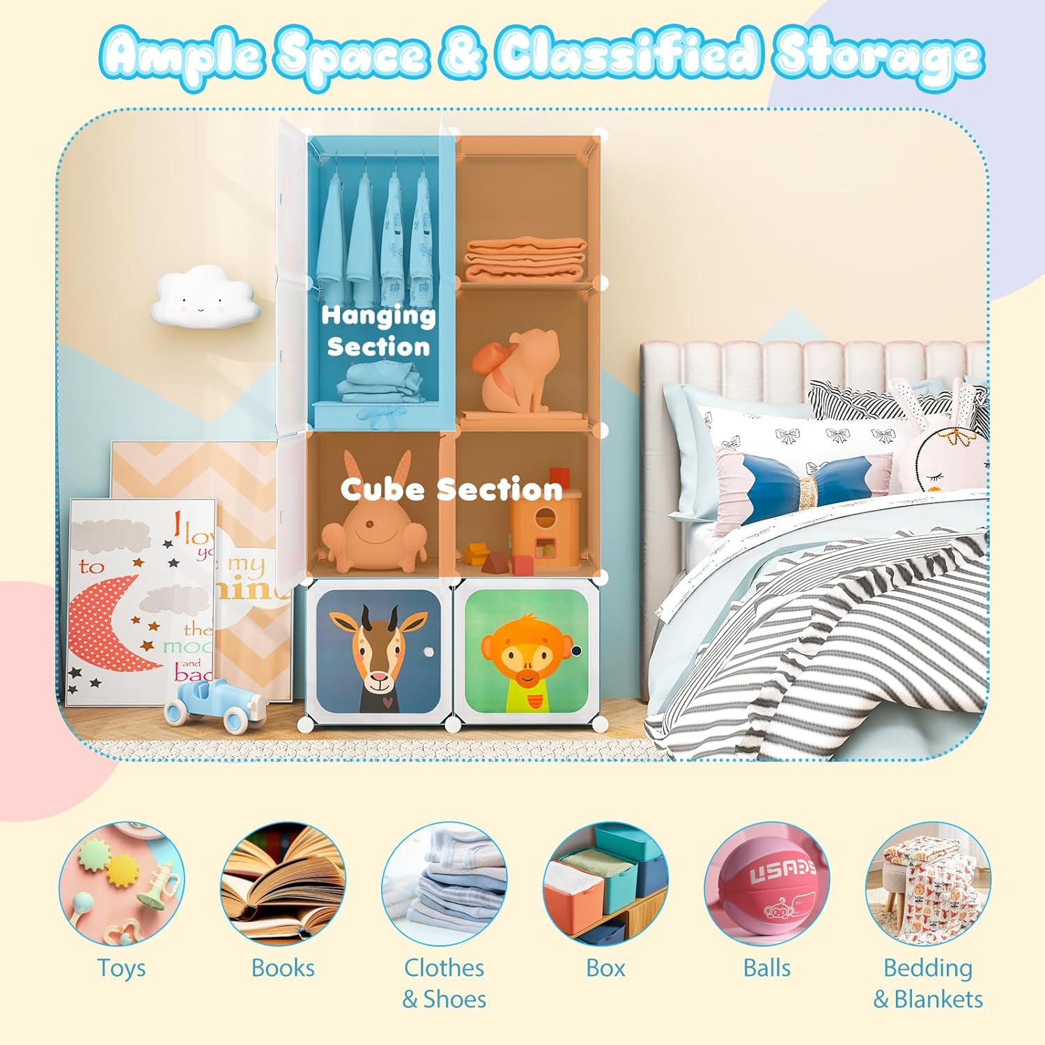 Costzon Kids Closet, Cartoon DIY Modular Dresser Storage Organizer with 12 Cubes & 2 Clothes Hanging Rack, Portable Armoire for Baby Toddlers, Kids Wardrobe for Bedroom Nursery (Blue) - Grand Goldman