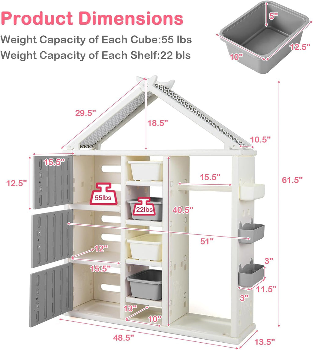 Costzon Kids Dress Up Storage, Open Hanging Armoire Closet with Storage Bins, Shelves, Side Baskets, Kids Dress Up Rack for Little Girls, Kids Wardrobe Closet for Kids Room, Bedroom (Pink) - Grand Goldman