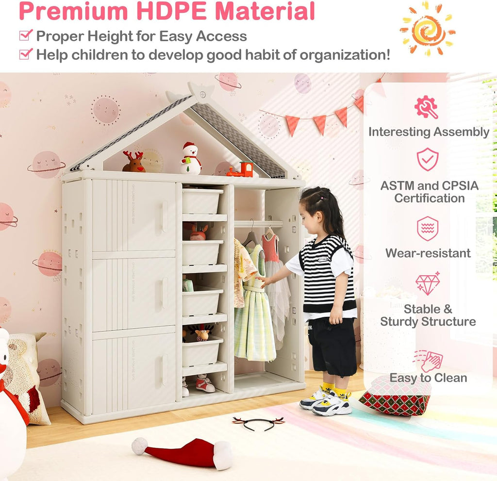 Costzon Kids Dress Up Storage, Open Hanging Armoire Closet with Storage Bins, Shelves, Side Baskets, Kids Dress Up Rack for Little Girls, Kids Wardrobe Closet for Kids Room, Bedroom (Pink) - Grand Goldman