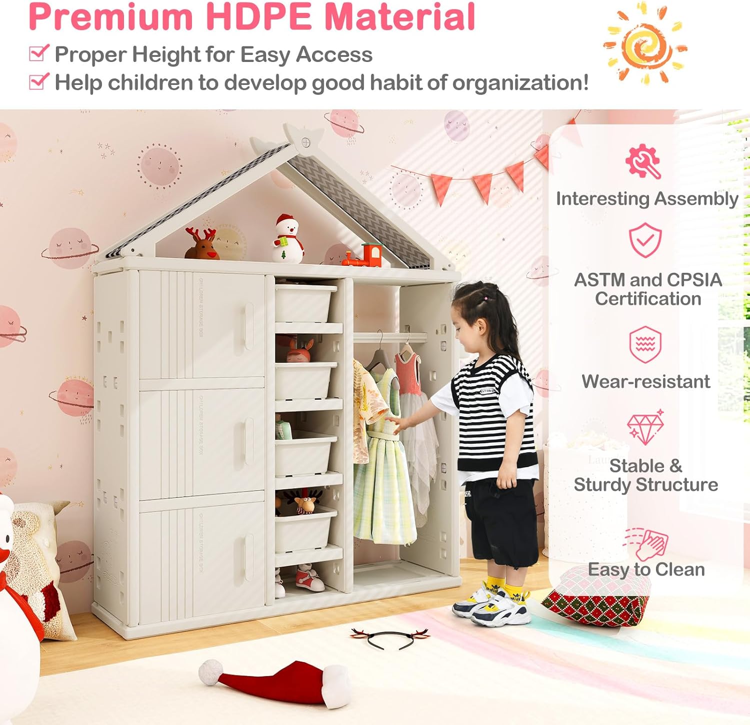 Costzon Kids Dress Up Storage, Open Hanging Armoire Closet with Storage Bins, Shelves, Side Baskets, Kids Dress Up Rack for Little Girls, Kids Wardrobe Closet for Kids Room, Bedroom (Pink) - Grand Goldman