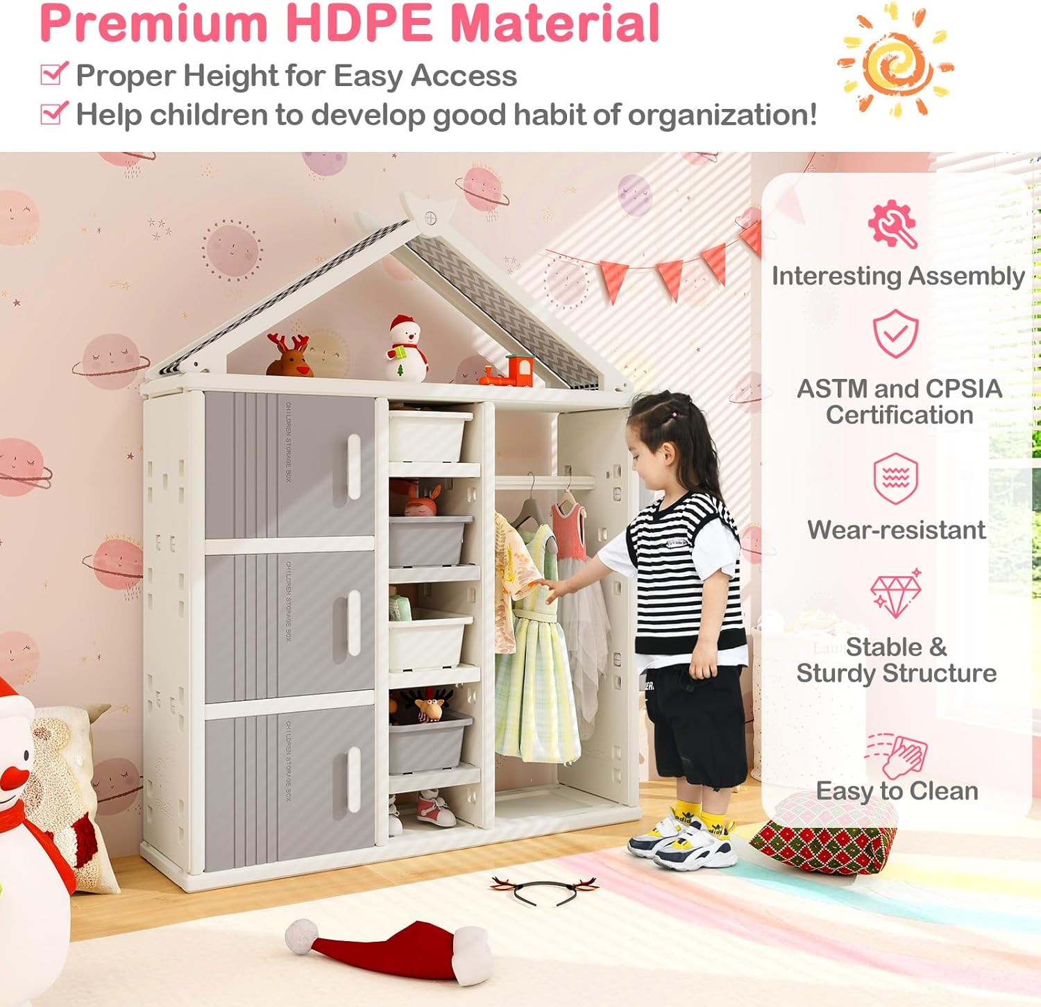 Costzon Kids Dress Up Storage, Open Hanging Armoire Closet with Storage Bins, Shelves, Side Baskets, Kids Dress Up Rack for Little Girls, Kids Wardrobe Closet for Kids Room, Bedroom (Pink) - Grand Goldman