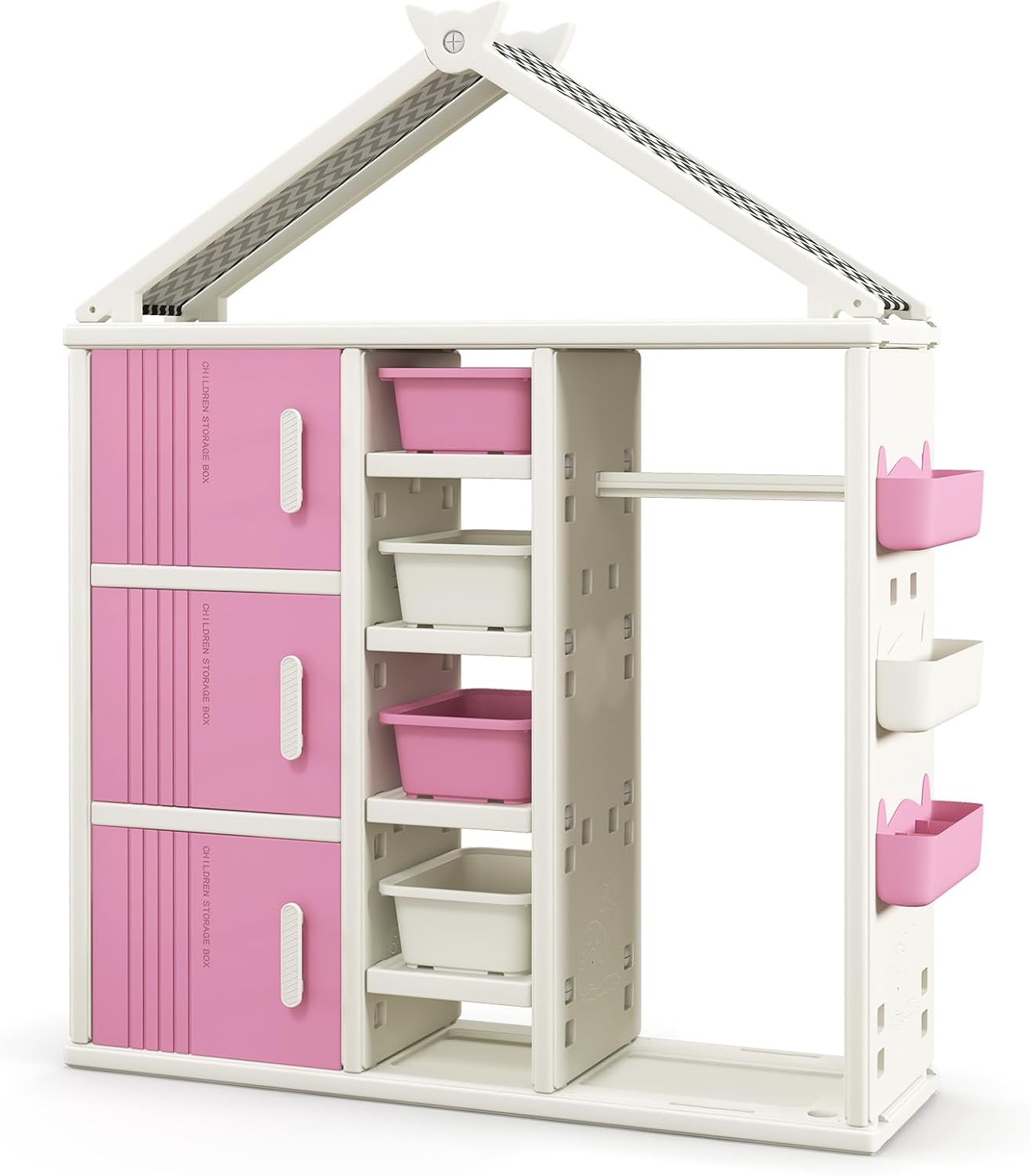 Costzon Kids Dress Up Storage, Open Hanging Armoire Closet with Storage Bins, Shelves, Side Baskets, Kids Dress Up Rack for Little Girls, Kids Wardrobe Closet for Kids Room, Bedroom (Pink) - Grand Goldman