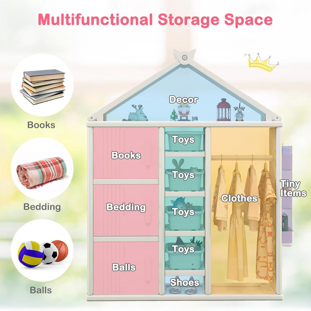 Costzon Kids Dress Up Storage, Open Hanging Armoire Closet with Storage Bins, Shelves, Side Baskets, Kids Dress Up Rack for Little Girls, Kids Wardrobe Closet for Kids Room, Bedroom (Pink) - Grand Goldman