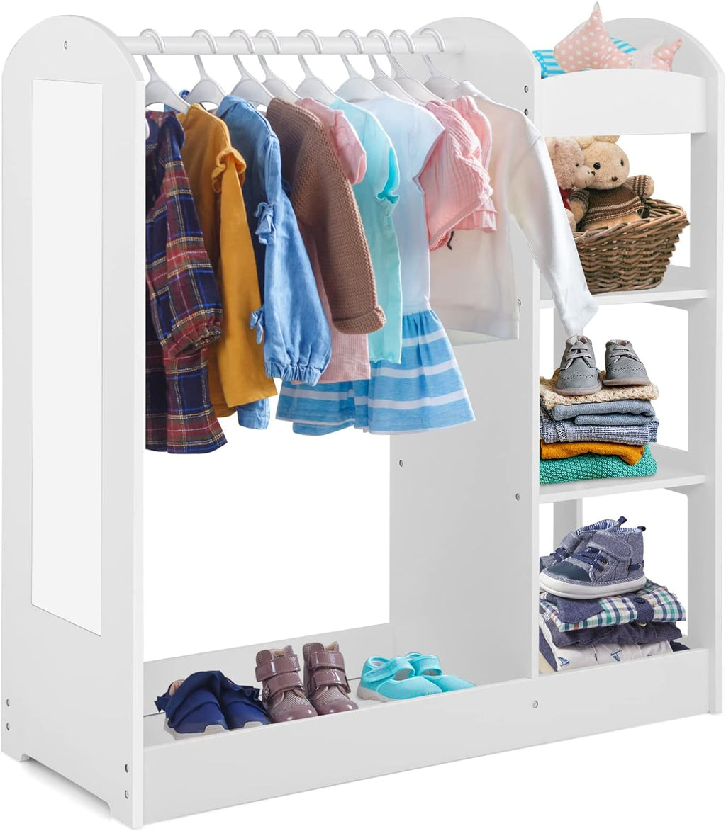 Costzon Kids Dress up Storage with Mirror, Clothes Rack, 3-Tier Shelves, Bottom Tray, Pretend Play Costume Dresser Organizer Center, Open Hanging Armoire Closet for Little Girls (White) - Grand Goldman