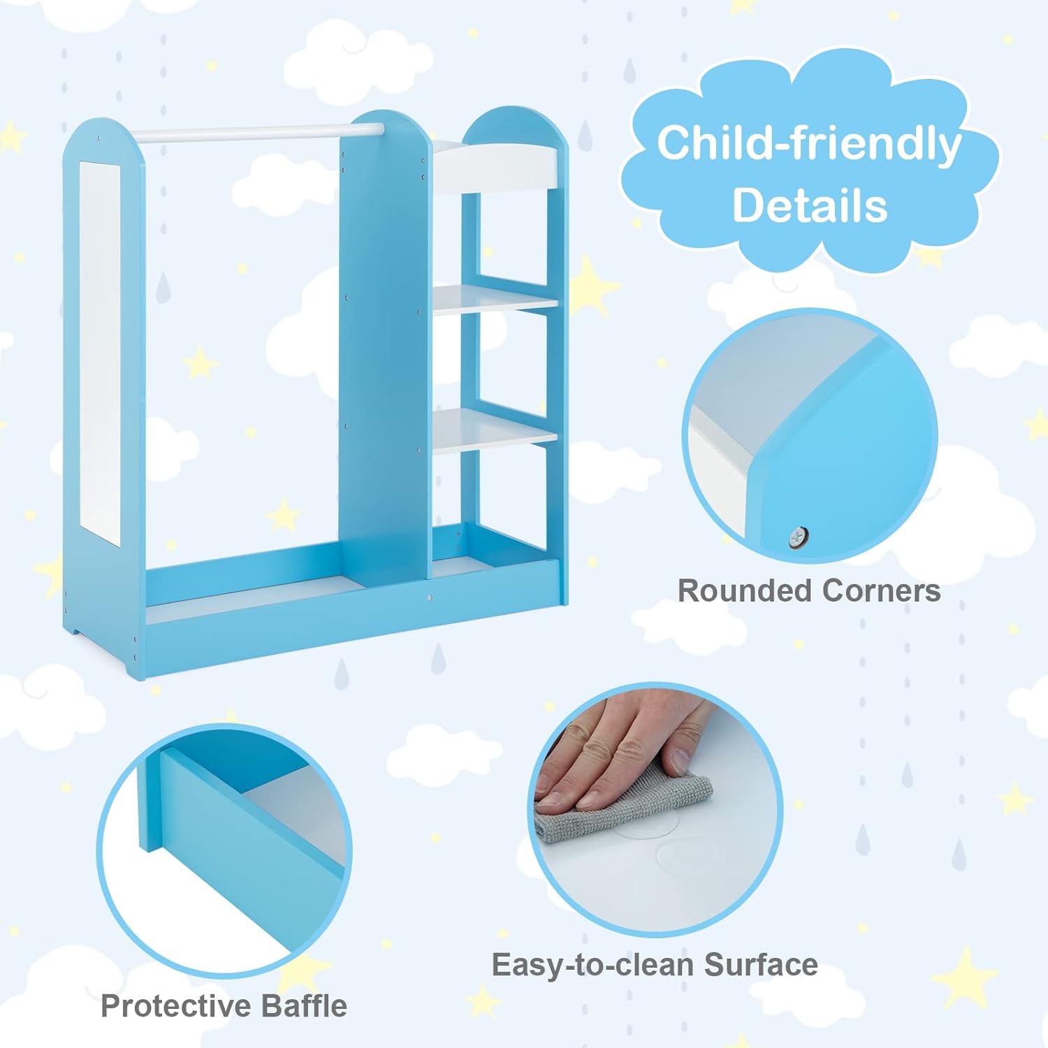 Costzon Kids Dress up Storage with Mirror, Clothes Rack, 3-Tier Shelves, Bottom Tray, Pretend Play Costume Dresser Organizer Center, Open Hanging Armoire Closet for Little Girls (White) - Grand Goldman