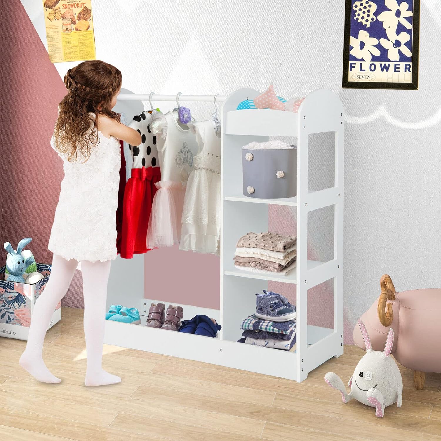Costzon Kids Dress up Storage with Mirror, Clothes Rack, 3-Tier Shelves, Bottom Tray, Pretend Play Costume Dresser Organizer Center, Open Hanging Armoire Closet for Little Girls (White) - Grand Goldman
