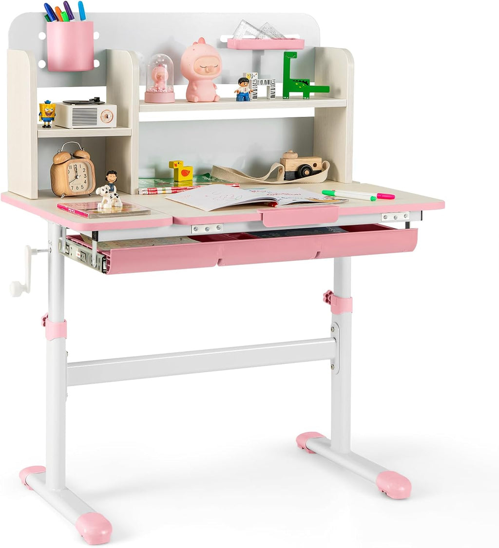 Costzon Kids Study Desk, Height Adjustable Children School Desk with Storage, Tilt Desktop, Pen Holder & Scale Ruler, Student Computer Desk Writing Table for Home School Use, Desk for Kids (Pink) - Grand Goldman