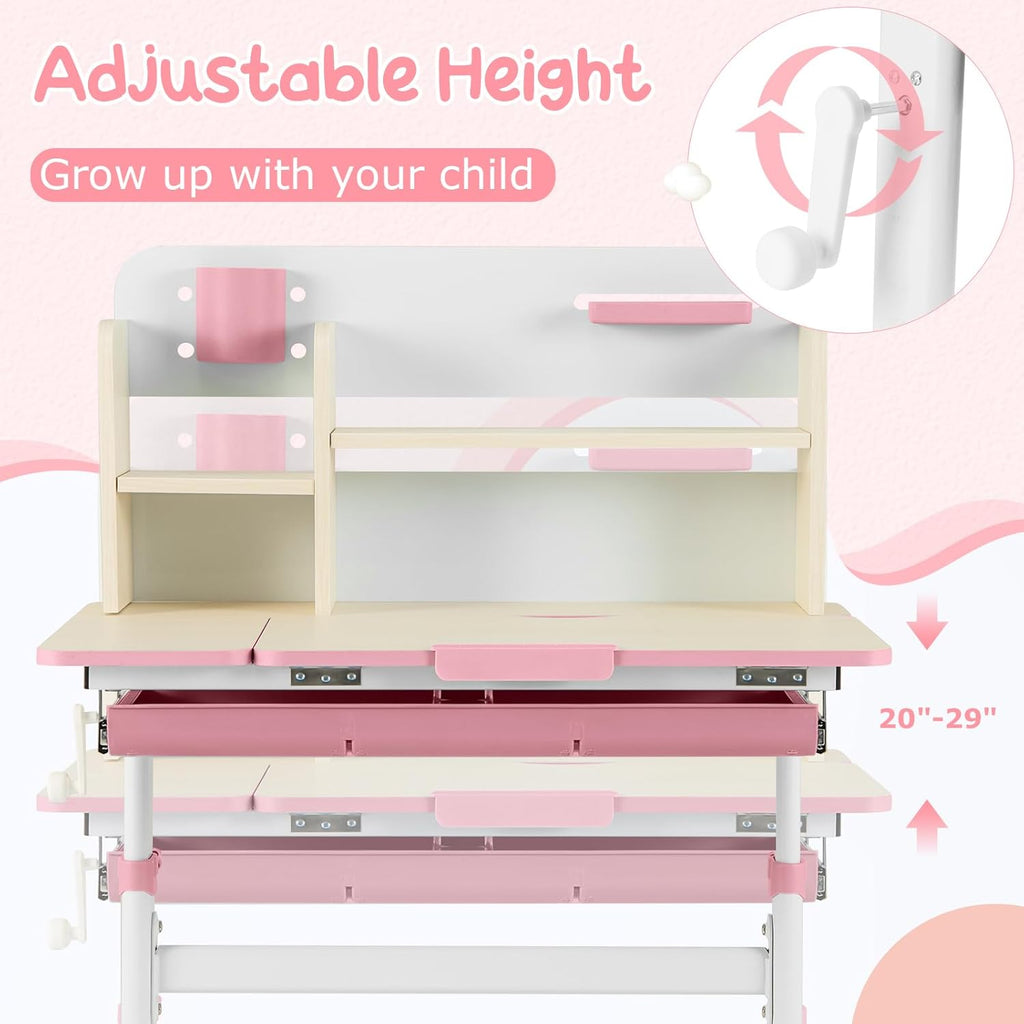 Costzon Kids Study Desk, Height Adjustable Children School Desk with Storage, Tilt Desktop, Pen Holder & Scale Ruler, Student Computer Desk Writing Table for Home School Use, Desk for Kids (Pink) - Grand Goldman