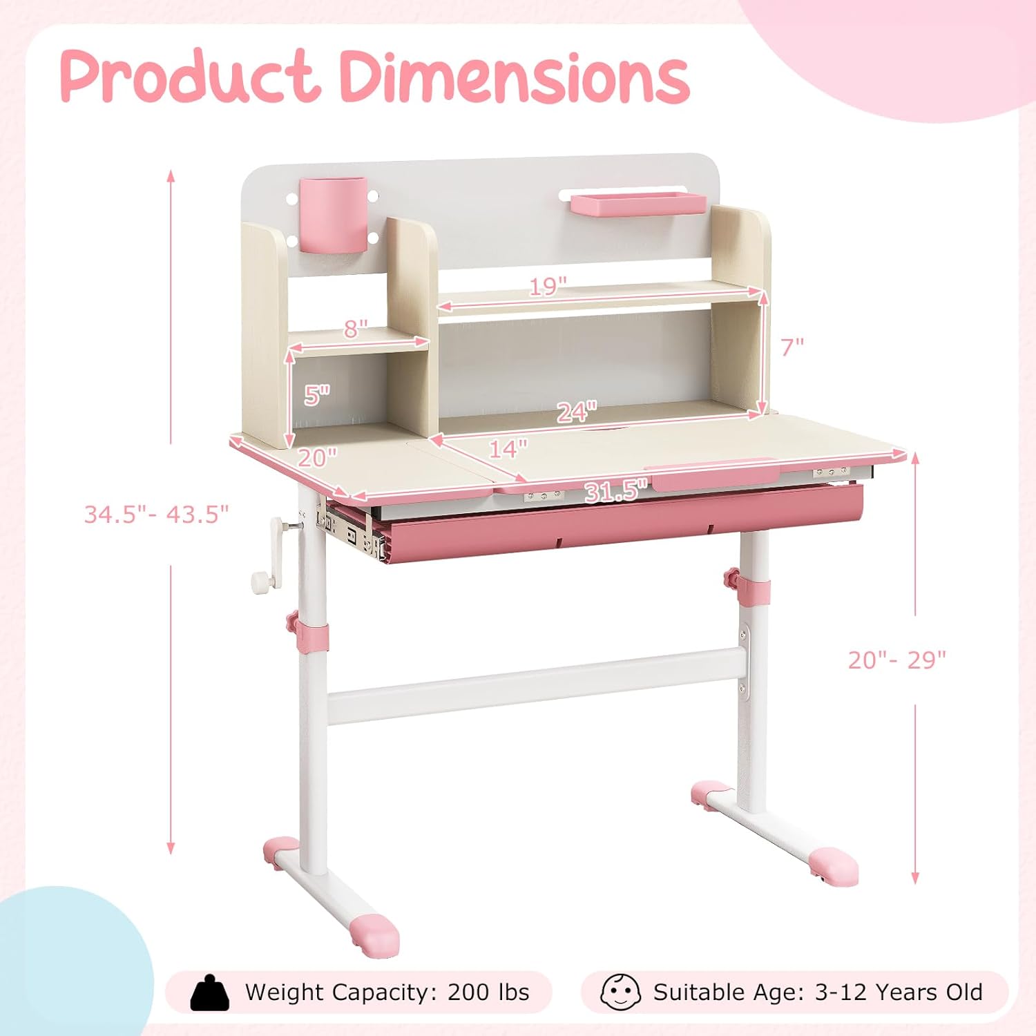 Costzon Kids Study Desk, Height Adjustable Children School Desk with Storage, Tilt Desktop, Pen Holder & Scale Ruler, Student Computer Desk Writing Table for Home School Use, Desk for Kids (Pink) - Grand Goldman