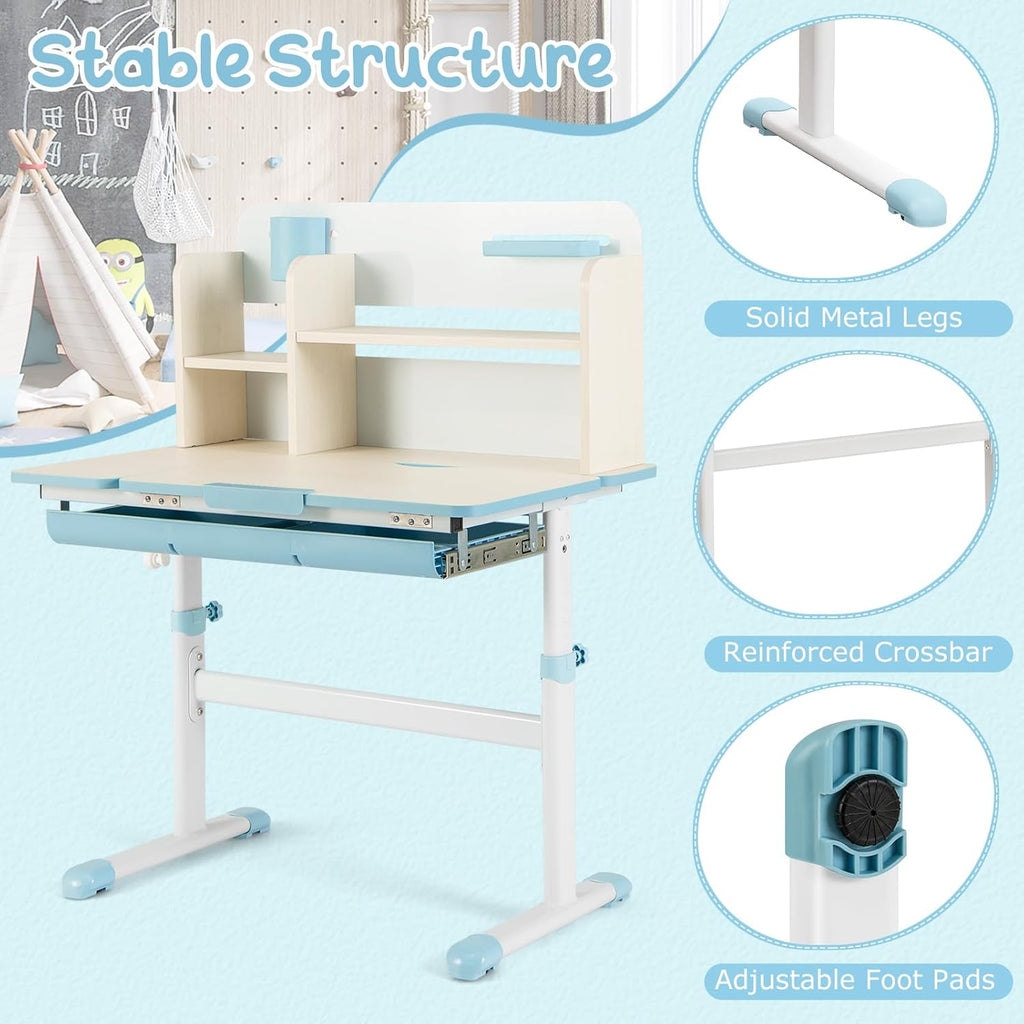 Costzon Kids Study Desk, Height Adjustable Children School Desk with Storage, Tilt Desktop, Pen Holder & Scale Ruler, Student Computer Desk Writing Table for Home School Use, Desk for Kids (Pink) - Grand Goldman