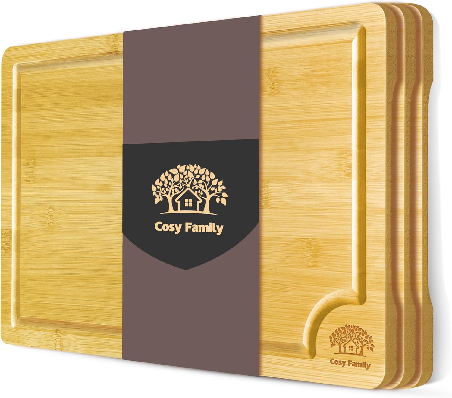 Cosy Family Wood Cutting Boards for Kitchen - Set of 4 - Bamboo Cutting Boards with Juice Groove, Serving Board Set, Thick Chopping Board for Meat, Veggies, Easy to clean - Grand Goldman